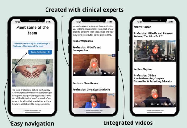 Screenshots from the Trimester 2: Embracing the Middle Stage course - created with clinical experts.