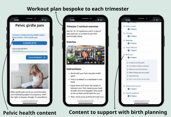 Screenshots from the Trimester 2: Embracing the Middle Stage course - workout plan bespoke to each trimester.