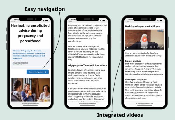 Screenshots from the Trimester 3: Preparing for Birth and Beyond course - easy navigation and integrated videos