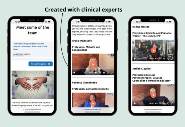 Screenshots from the Trimester 3: Preparing for Birth and Beyond course - created with clinical experts.