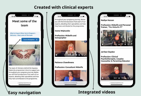Screenshots from the What to Expect When You’re Pregnant course - created with clinical experts.