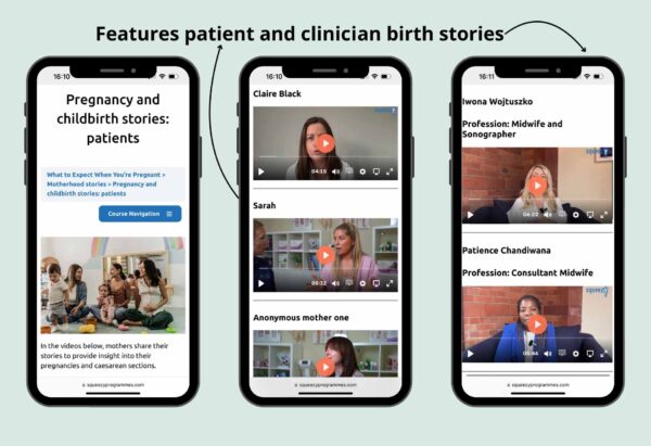 Screenshots from the What to Expect When You’re Pregnant course - features patient and clinician birth stories.